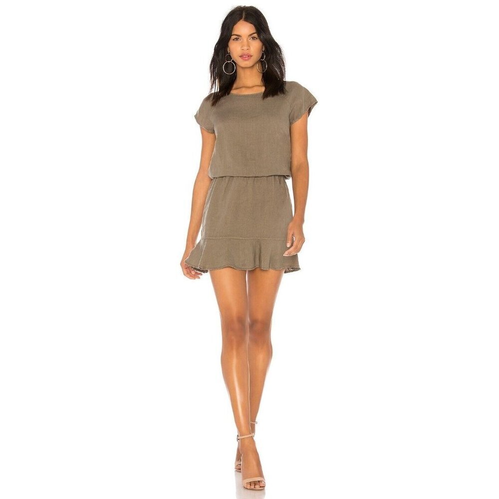 Joie Size XS Quora Mini Dress Olive Green Linen Elastic Waist Ruffle Hem